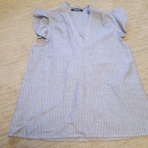 Striped frilly sleeve linen blouse